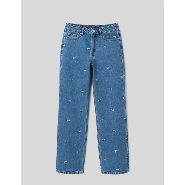 Jean straight brodé noeuds Bleu moyen