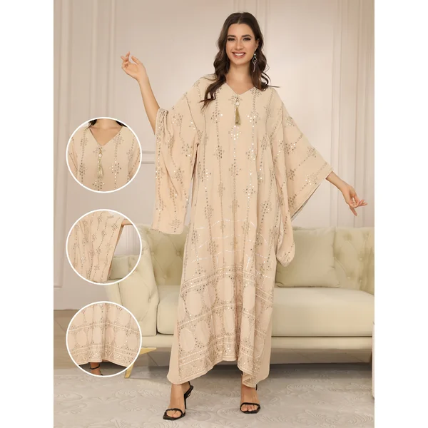 Kimono abaya femme brodé perles, pendentif, manches trois quarts.