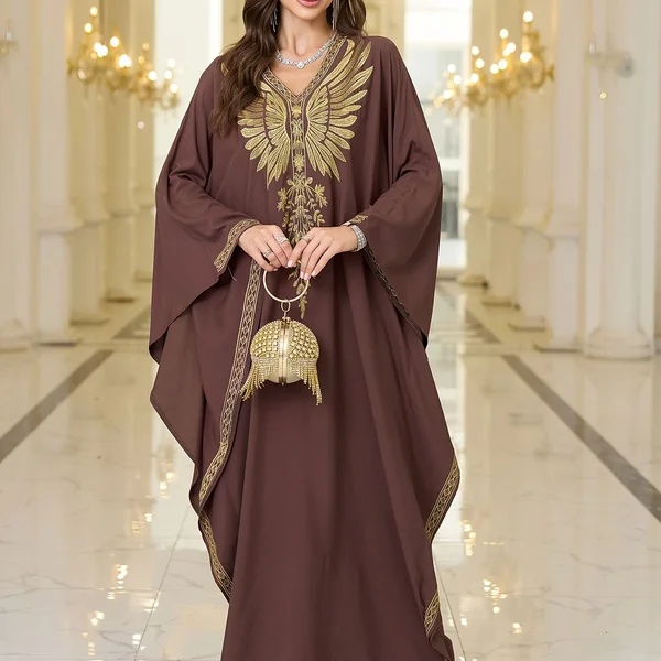 Kimono abaya femme brodée, col V, manches chauve-souris chic.