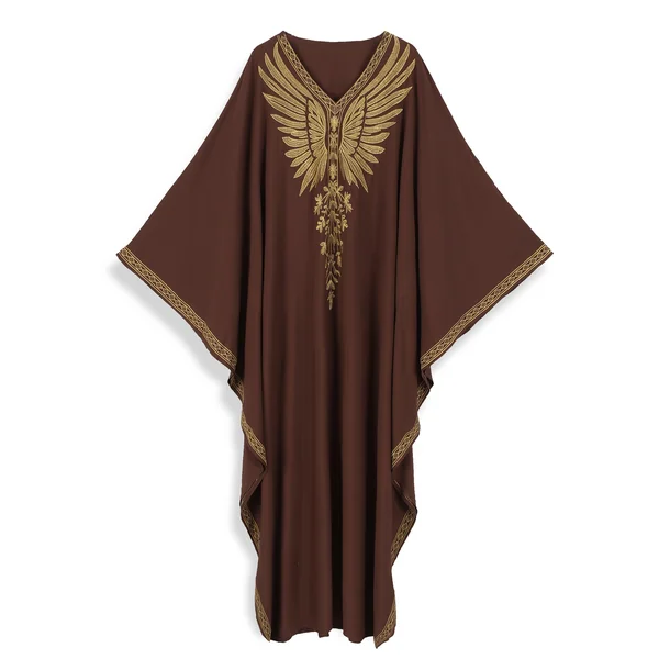 Kimono abaya femme brodée, col V, manches chauve-souris chic.
