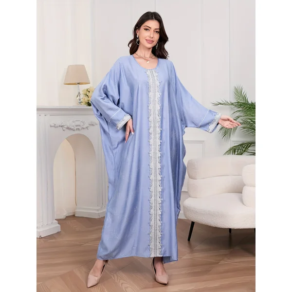 Kimono abaya femme, manches longues, strass, col rond