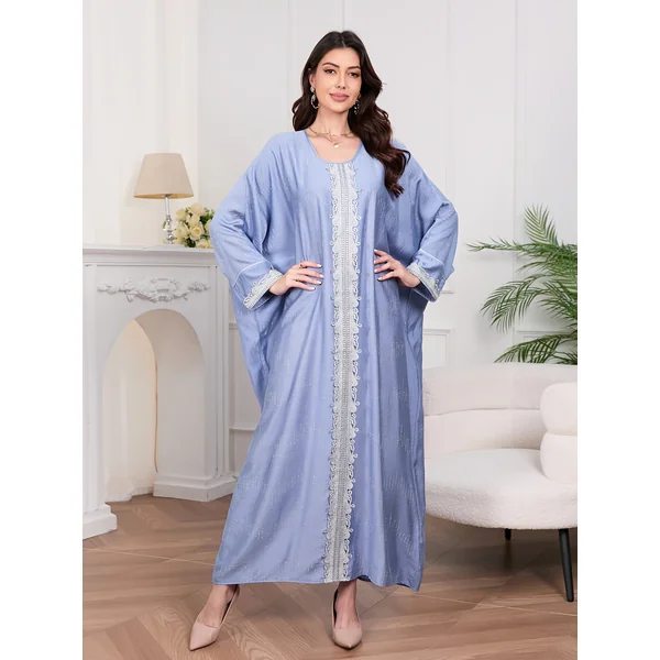Kimono abaya femme, manches longues, strass, col rond