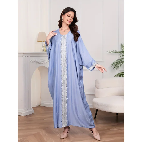 Kimono abaya femme, manches longues, strass, col rond