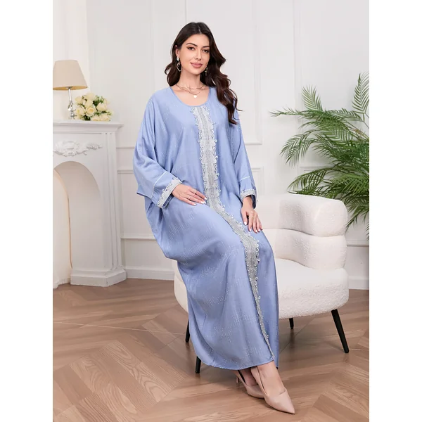 Kimono abaya femme, manches longues, strass, col rond