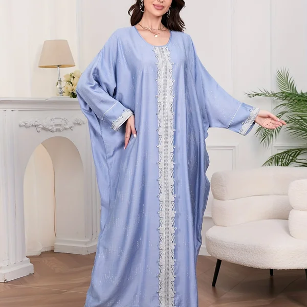 Kimono abaya femme, manches longues, strass, col rond