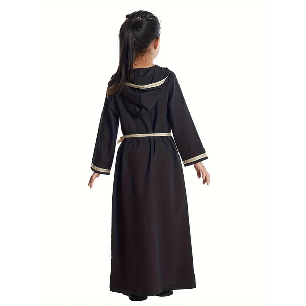 Kimono Abaya fille à Capuche Traditionnelle du Moyen-Orient | Bordure Dorée & Détail Ceinture | Lavable en Machine | Tenue Décontractée