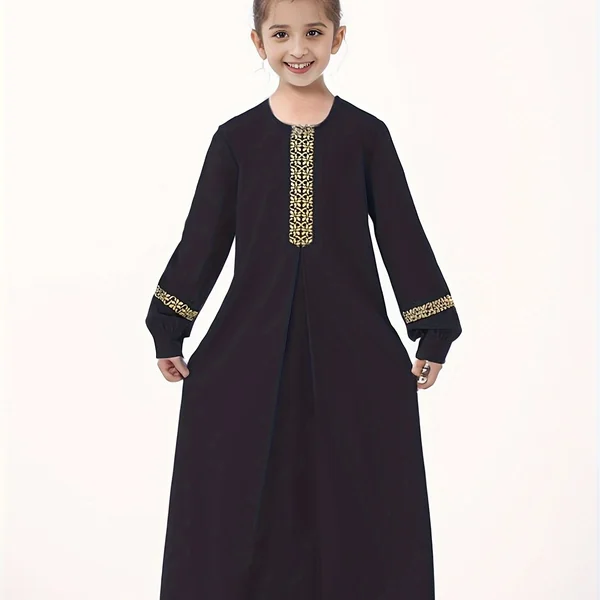 Kimono Abaya Fille à Manches Longues – Noir avec Broderie Dorée, Fermeture Éclair, Col Rond, Toutes Saisons.