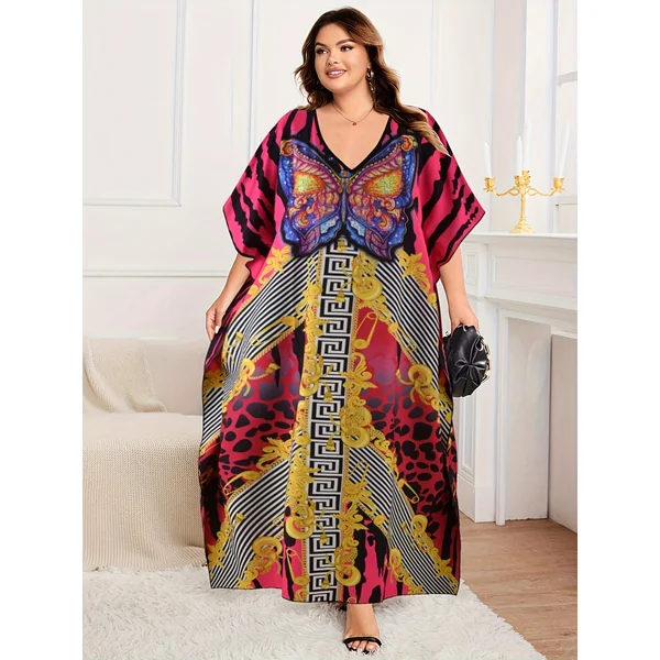 Kimono abaya grande taille rayé, col V et coupe chauve-souris