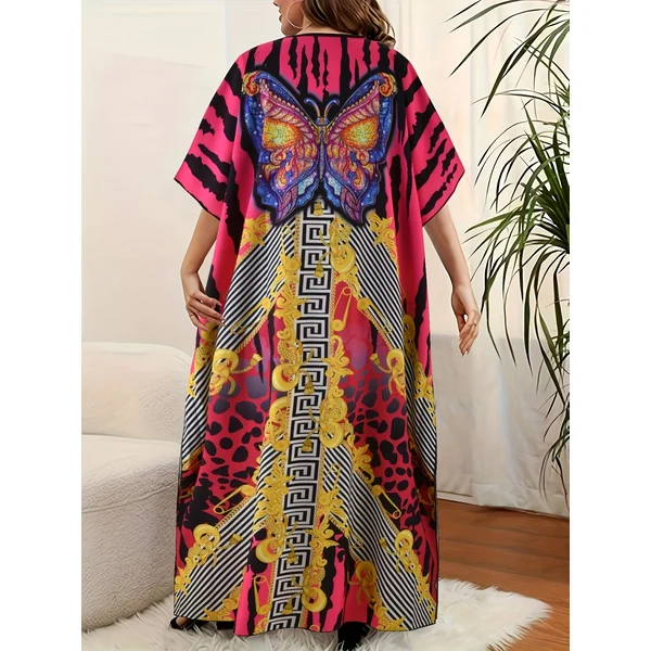 Kimono abaya grande taille rayé, col V et coupe chauve-souris