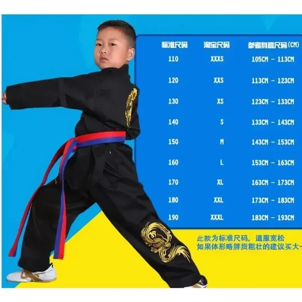 Kimono de karaté noir pour enfants, entraînement de taekwondo, broderie, taille 110-190 cm