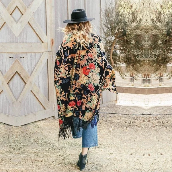Kimono Mi Long Noir Fleuri