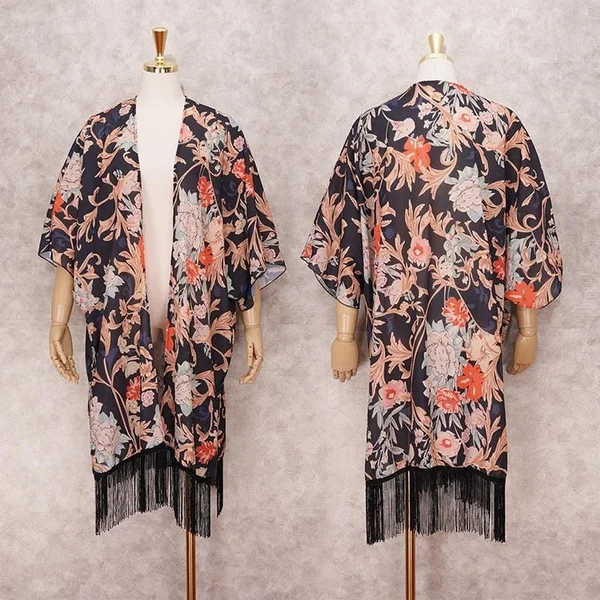 Kimono Mi Long Noir Fleuri