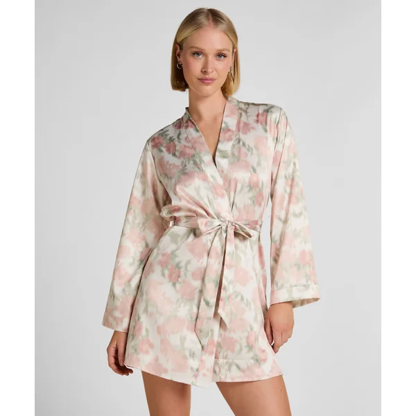 Kimono Satiné à Imprimé Floral - Blanc