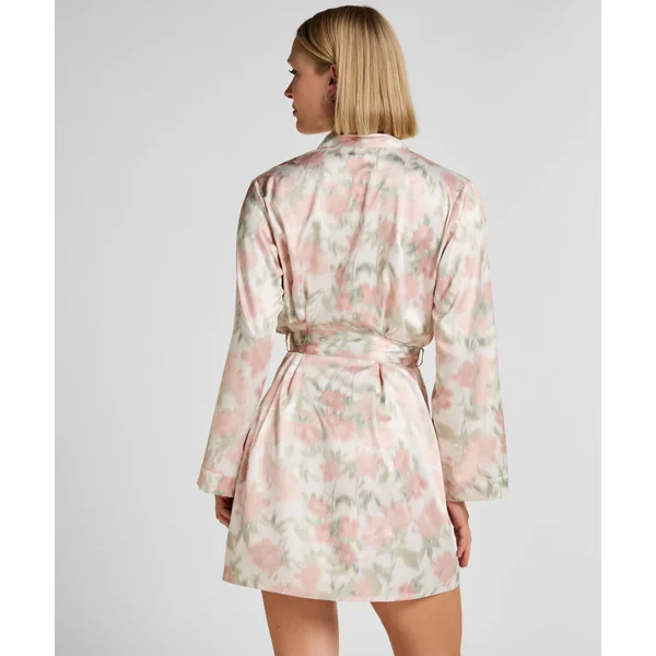 Kimono Satiné à Imprimé Floral - Blanc