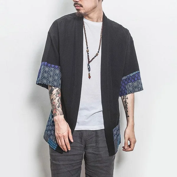 Kimono Veste Bleu Fleurs