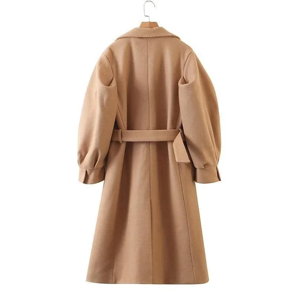 Long Manteau Camel à Manches Bouffantes