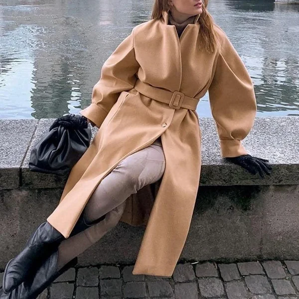 Long Manteau Camel à Manches Bouffantes
