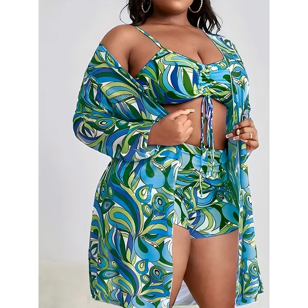 Maillot de bain 3 pièces, imprimé irrégulier, haut à cordon de serrage, grande taille.