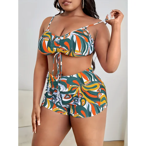 Maillot de bain 3 pièces, imprimé irrégulier, haut à cordon de serrage, grande taille.