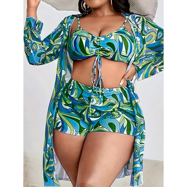 Maillot de bain 3 pièces, imprimé irrégulier, haut à cordon de serrage, grande taille.