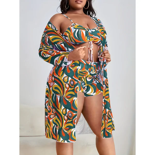 Maillot de bain 3 pièces, imprimé irrégulier, haut à cordon de serrage, grande taille.