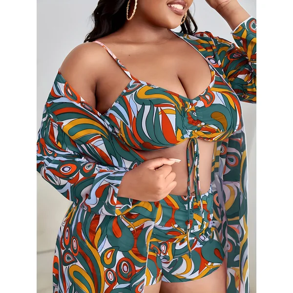 Maillot de bain 3 pièces, imprimé irrégulier, haut à cordon de serrage, grande taille.