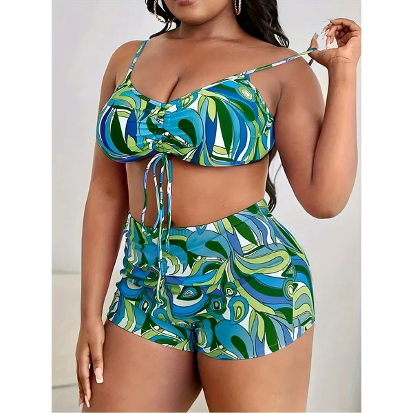 Maillot de bain 3 pièces, imprimé irrégulier, haut à cordon de serrage, grande taille.