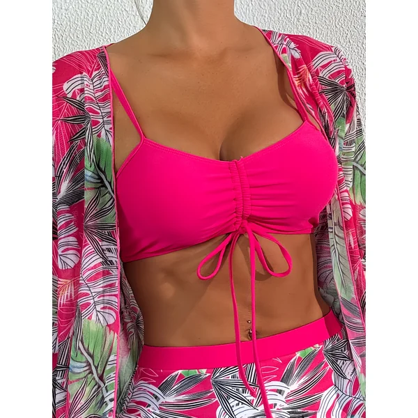 Maillot de bain trois pièces avec imprimé végétal et kimono anti-UV, pour femmes, élégant et décontracté pour les vacances.