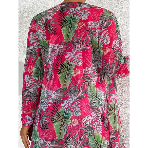 Maillot de bain trois pièces avec imprimé végétal et kimono anti-UV, pour femmes, élégant et décontracté pour les vacances.