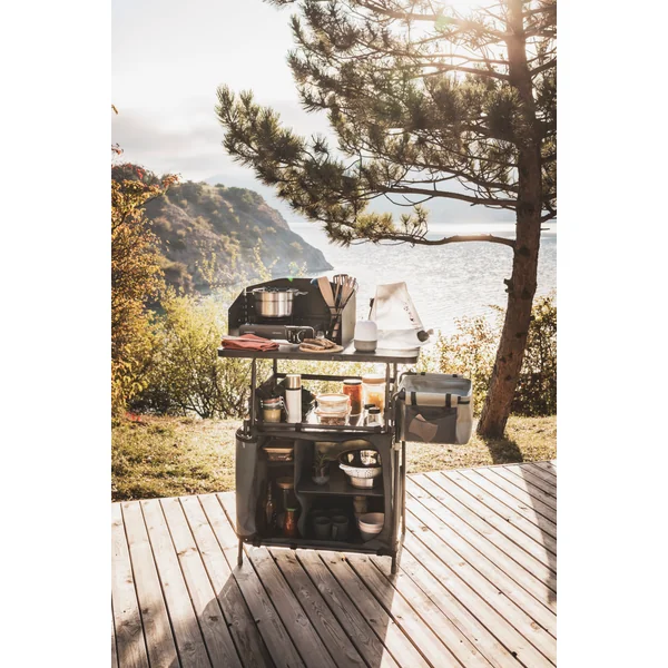 Meuble cuisine de camping L, pliable et avec pare-vent