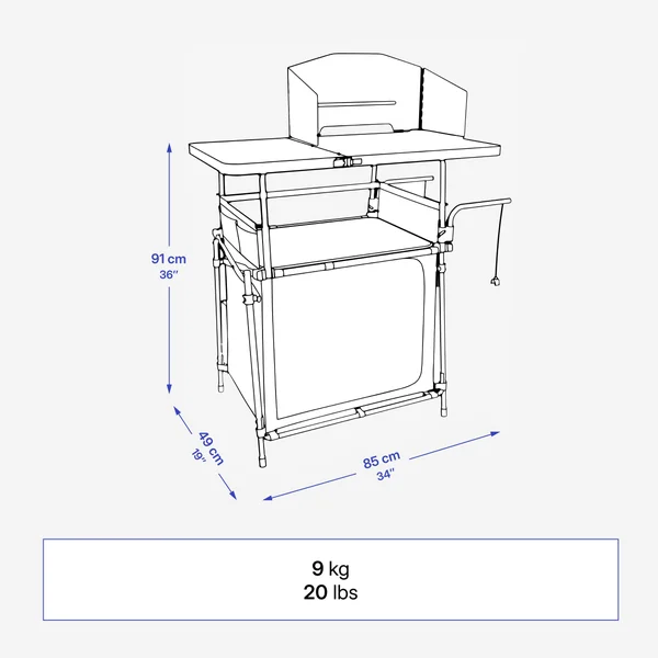 Meuble cuisine de camping L, pliable et avec pare-vent
