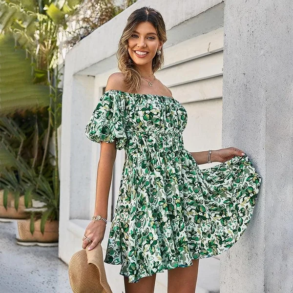Mini Robe Verte Décolletée Imprimée