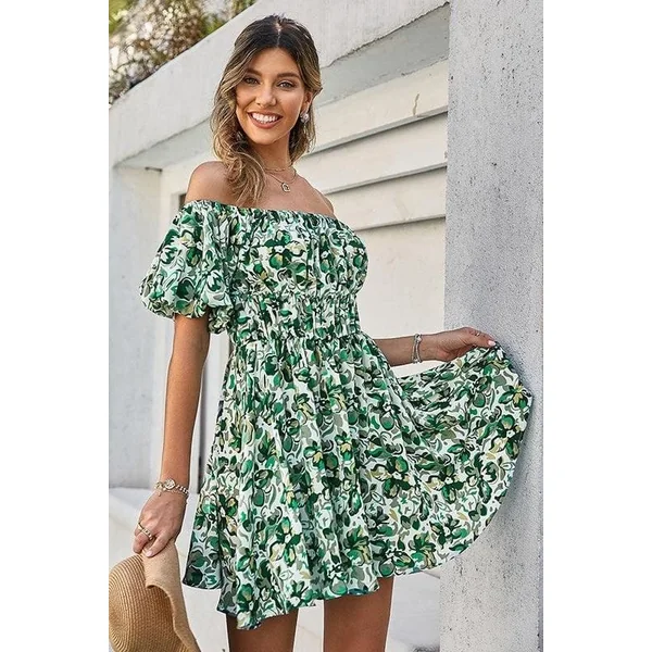 Mini Robe Verte Décolletée Imprimée