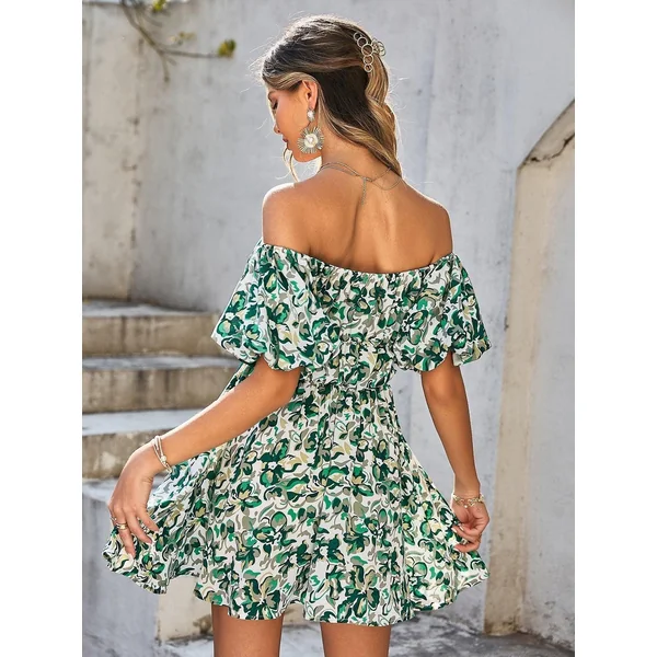Mini Robe Verte Décolletée Imprimée
