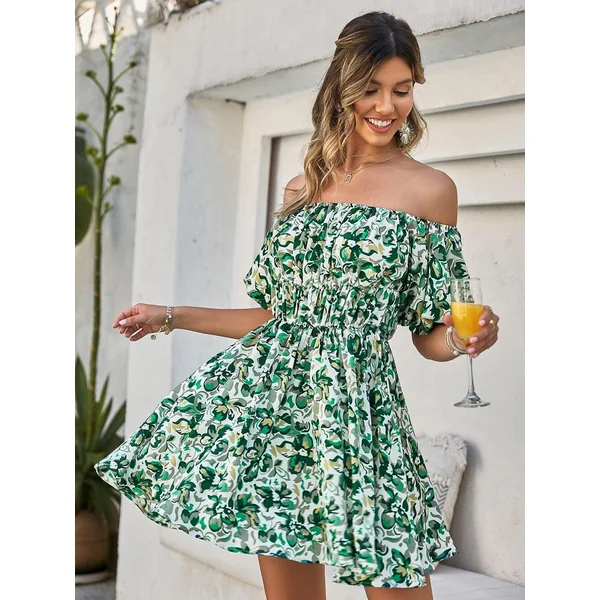 Mini Robe Verte Décolletée Imprimée