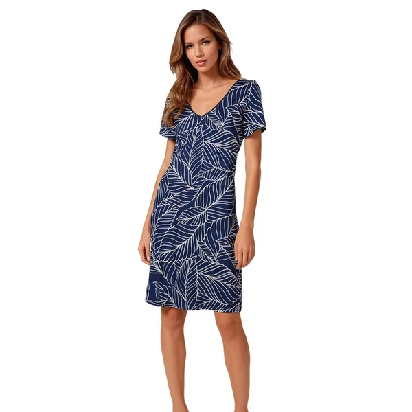 Miss Versa - Robe courte semi-ajustée Ligne A col V avec manches courtes Resort Bleu X-Large Emely Marine