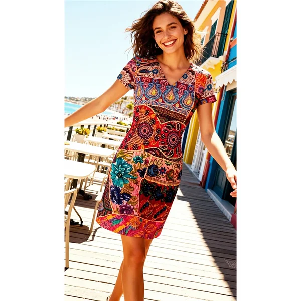 Miss Versa - Robe Resort ligne A Col V avec manche courte Medium Hilo