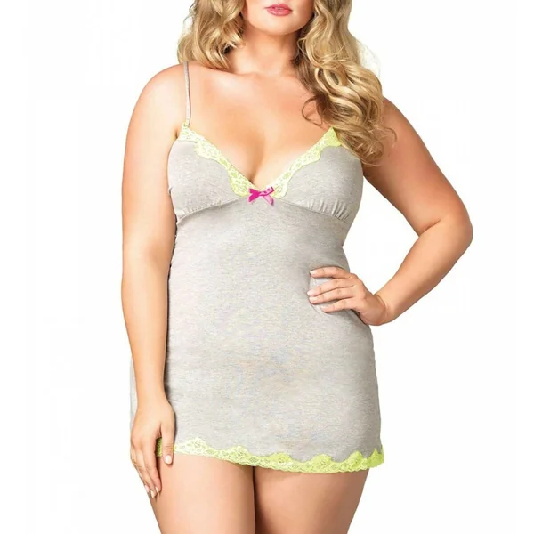 Nuisette en jersey et dentelle grande taille - Grise Sleepwear by Leg Avenue