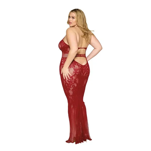 Nuisette longue en résille bordeaux +