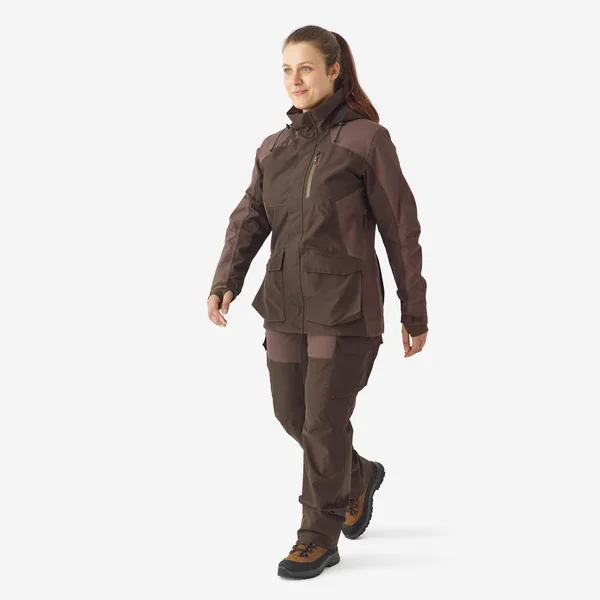 Pantalon chasse femme impermeable 500 marron poches cargo