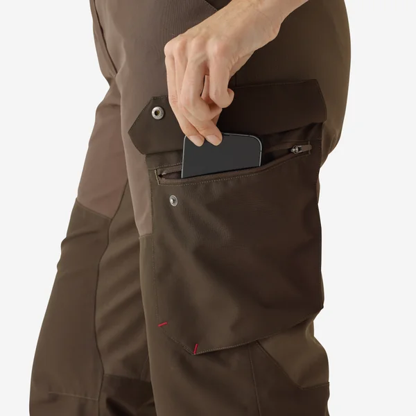 Pantalon chasse femme impermeable 500 marron poches cargo