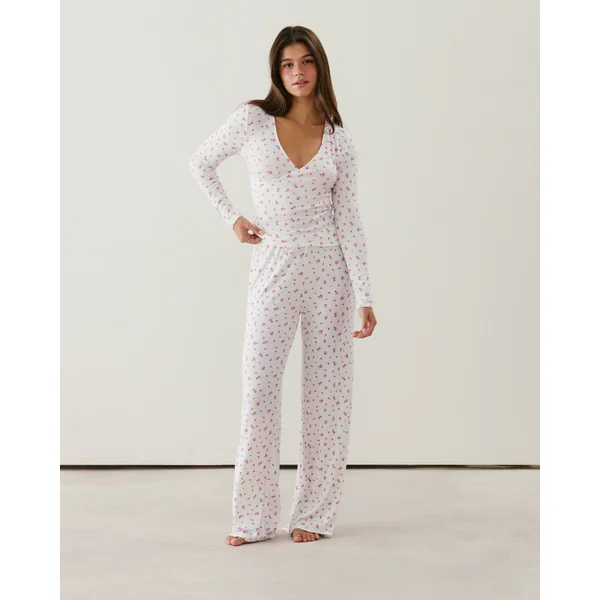 Pantalon en pointelle motifs fleurs