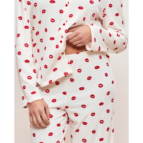 Pantalon jersey côtelé motifs bouches
