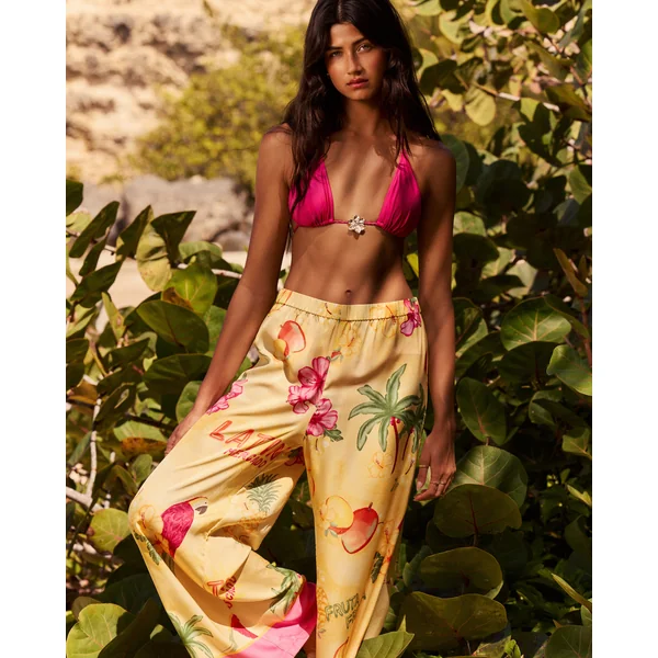 Pantalon satin imprimé tropical