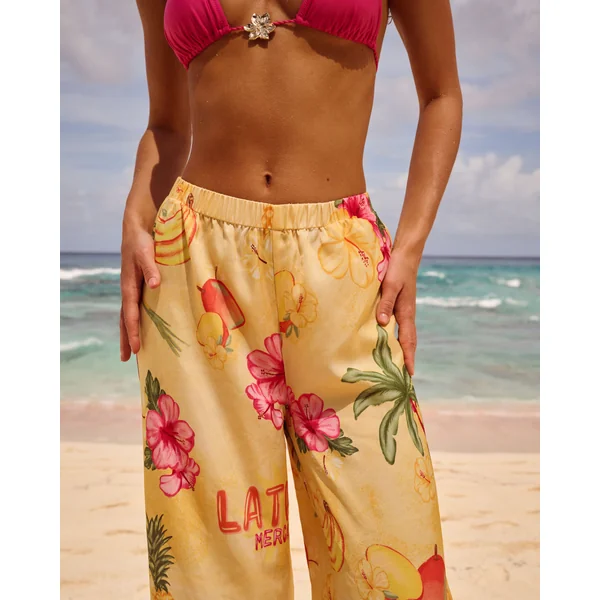 Pantalon satin imprimé tropical