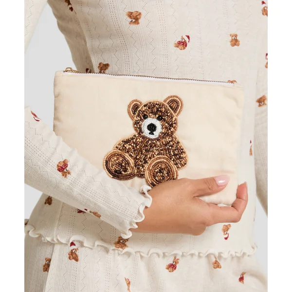Pochette perlée ours - Beige