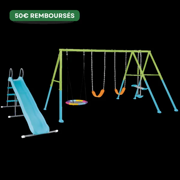 Portique-balançoire couleurs 5 agrès avec toboggan
