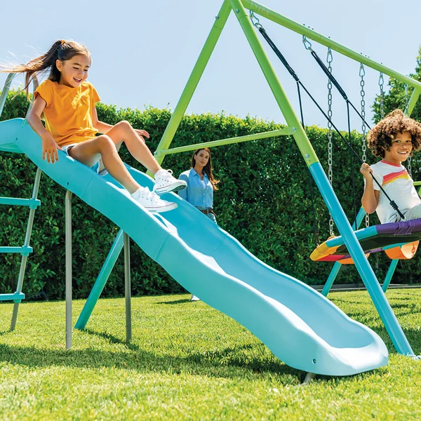 Portique-balançoire couleurs 5 agrès avec toboggan