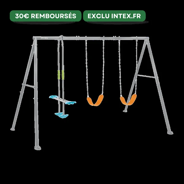 Portique-balançoire gris 3 agrès face à face et 2 balançoires