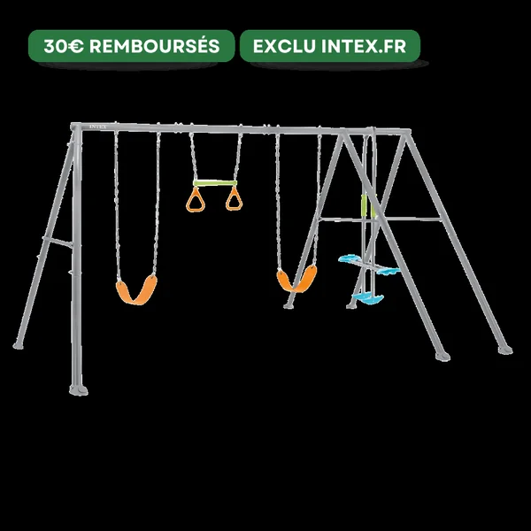 Portique-balançoire gris 4 agrès face à face anneaux et 2 balançoires